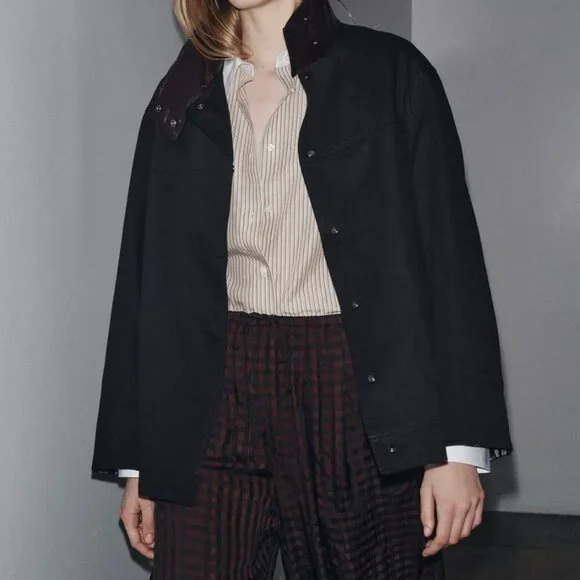 ZARA ZW Collection Contrast Collar Jacket – Black/Brown | EU Chic | New (No Tags - Picture 2 of 7